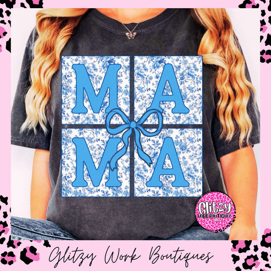 BLUE FLORAL CHINOISERIE MAMA COQUETTE BOW PRINTED APPAREL