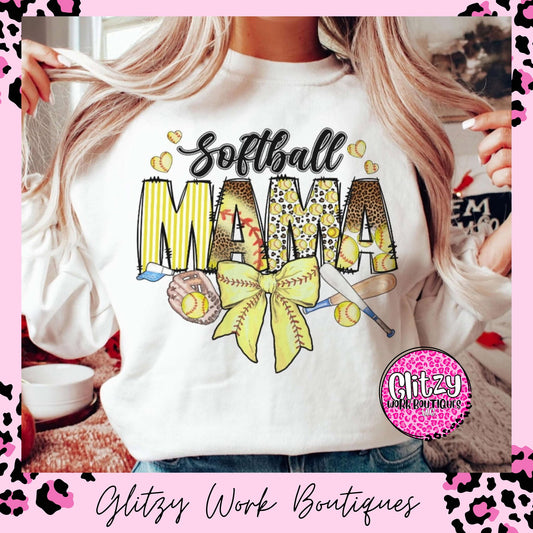 SOFTBALL MAMA LEOPARD COQUETTE BOW PRINTED APPAREL