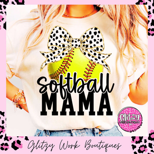SOFTBALL MAMA COQUETTE BOW PRINTED APPAREL