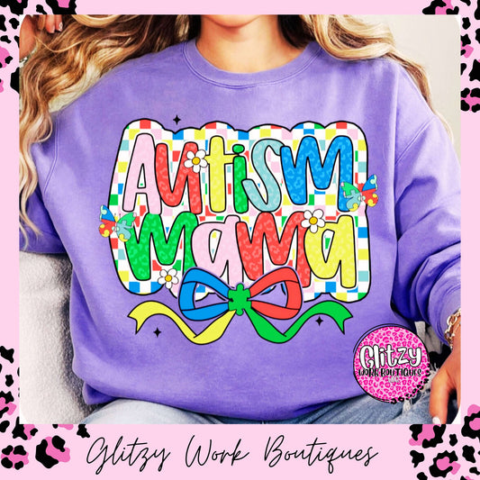 AUTISM MAMA COLORFUL COQUETTE BOW PRINTED APPAREL