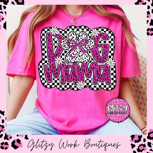 DOG MAMA HOT PINK LEOPARD & CHECKERED COQUETTE BOW PRINTED APPAREL