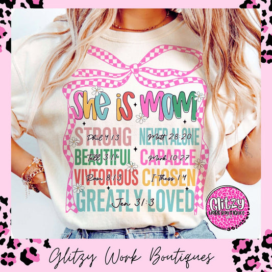 SHE IS MOM COQUETTE BOW PRINTED APPAREL