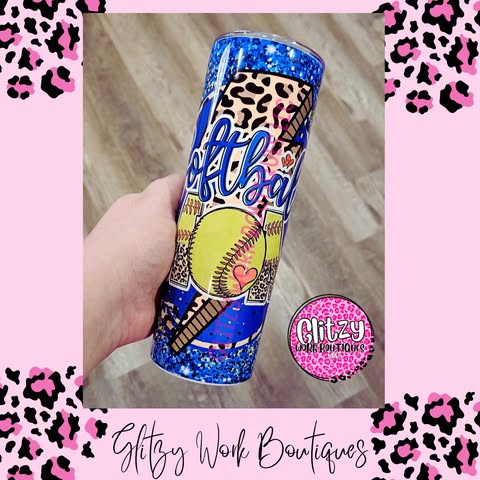 SOFTBALL MAMA LEOPARD LIGHTNING BOLT TUMBLER