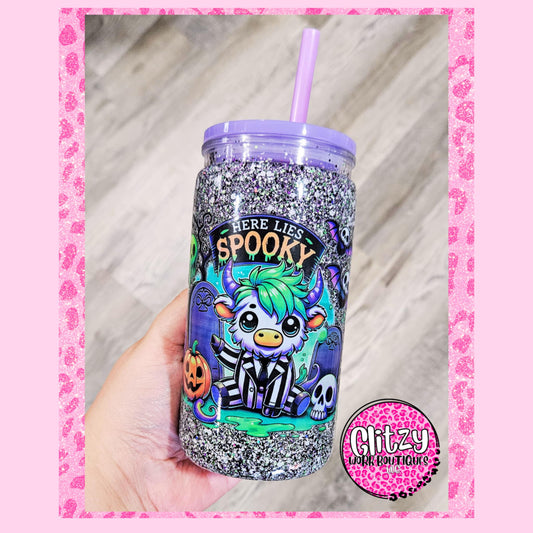 HERE LIES SPOOKY HEIFER BEETLE JUICE SNOW GLOBE TUMBLER