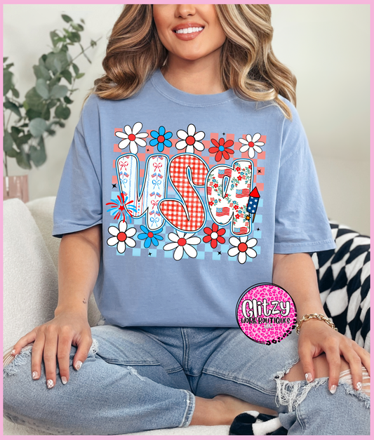 USA RETRO CHECKERED FLORAL PRINTED APPAREL