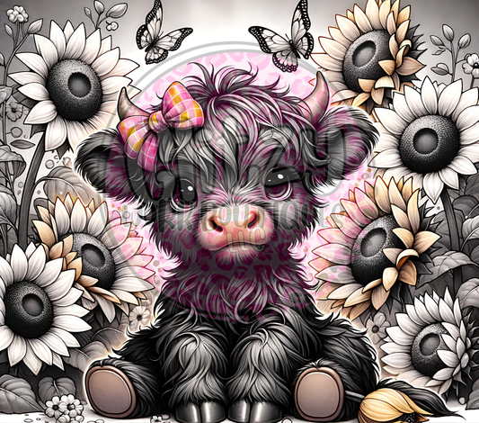 BLACK HIGHLAND COW SUNFLOWER SUBLIMATION TUMBLER TRANSFER