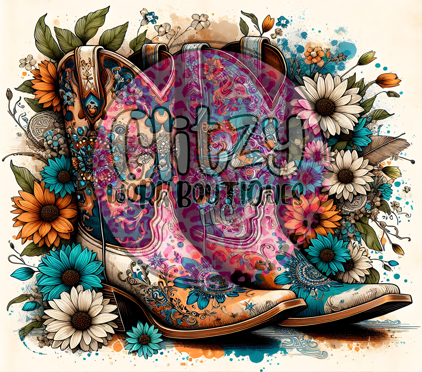 WESTERN COWGIRL BOOTS & SUNFLOWERS SUBLIMATION TUMBLER TRANSFER