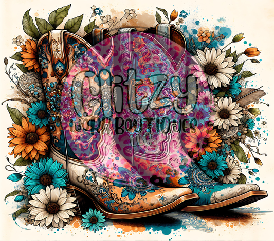 WESTERN COWGIRL BOOTS & SUNFLOWERS SUBLIMATION TUMBLER TRANSFER