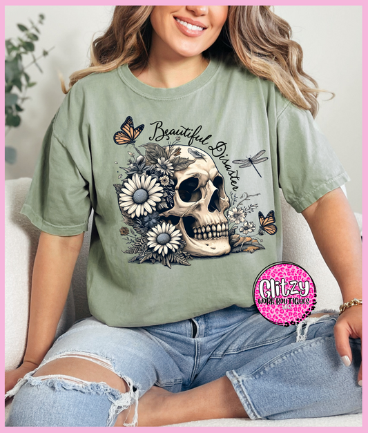 BEAUTIFUL DISASTER FLORAL SKULL PRINTED APPAREL