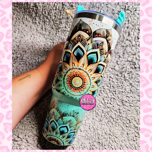 TEAL MANDALA HOLOGRAPHIC OMBRE DUPE 40OZ TUMBLER