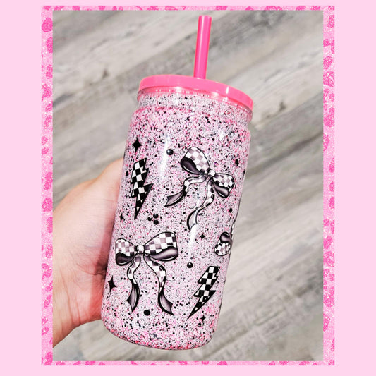 BLACK CHECKERED COQUETTE BOW SNOW GLOBE TUMBLER