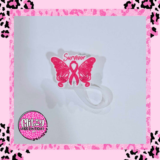 BREAST CANCER SURVIVOR PINK BUTTERFLY STRAW TOPPER
