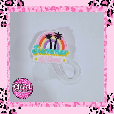 SUMMER VIBES RAINBOW PALM TREES STRAW TOPPER
