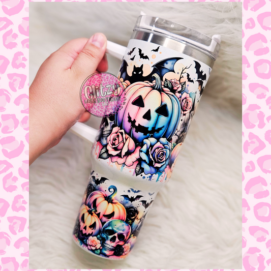 PUMPKIN SKELLY & BATTY HOLOGRAPHIC DUPE 40OZ TUMBLER