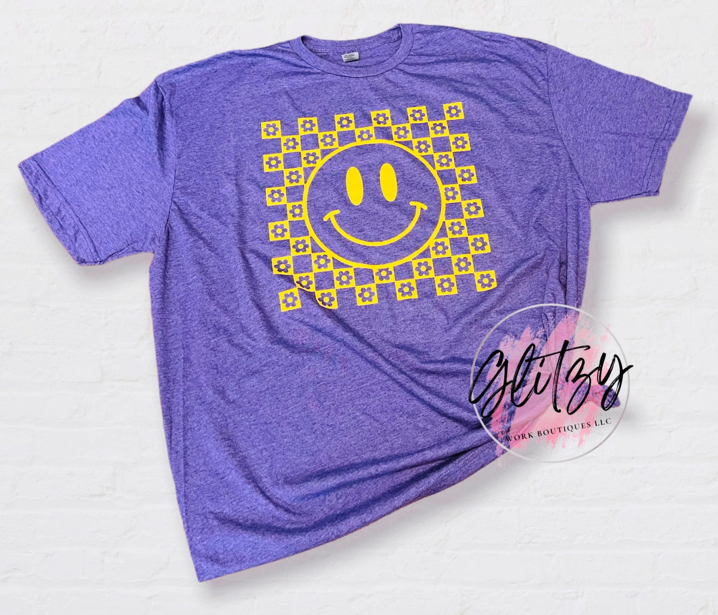 Yellow Flower Checkered Smiley Face Graphic Tee