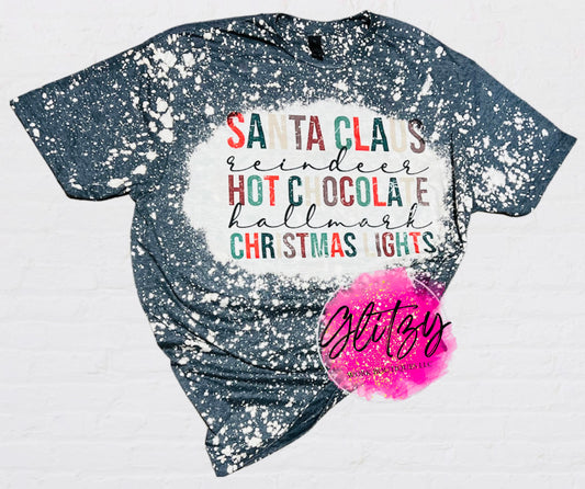 SANTA CLAUS reindeer HOT CHOCOLATE hallmark CHRISTMAS LIGHTS Bleached Tee