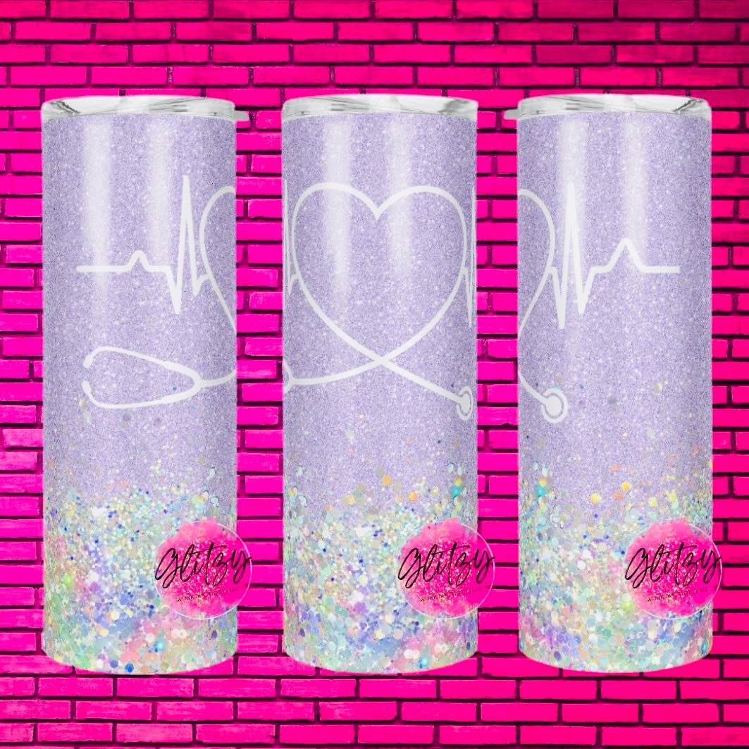 STETHOSCOPE NURSE PURPLE GLITTERY TUMBLER