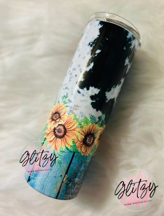 Black & White Cowhide Sunflower Tumbler