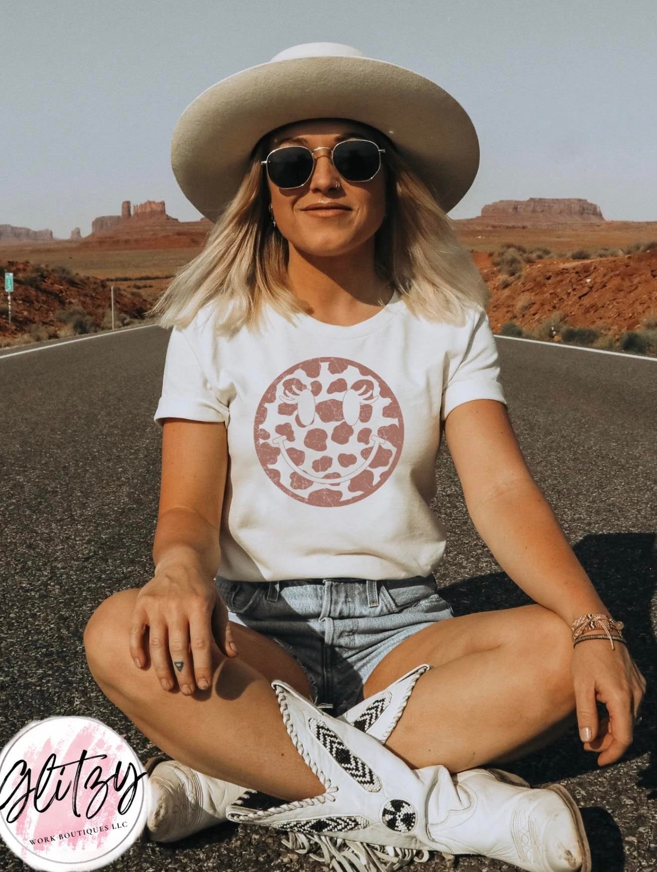 Cow Print Smiley With Lashes Graphic Tee