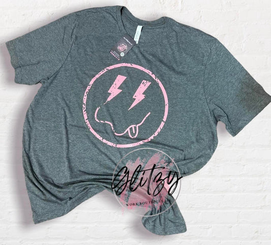 Lightning Smiley Face Coral Graphic Tee