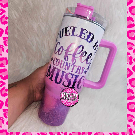 FUELED BY COFFEE & COUNTRY MUSIC HOLOGRAPHIC OMBRE DUPE 40OZ TUMBLER