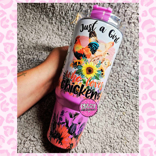 JUST A GIRL WHO LOVES CHICKENS HOLOGRAPHIC OMBRE DUPE 40OZ TUMBLER