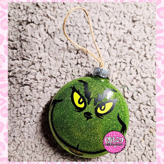 GRINCH FACE GLASS CHRISTMAS ORNAMENT