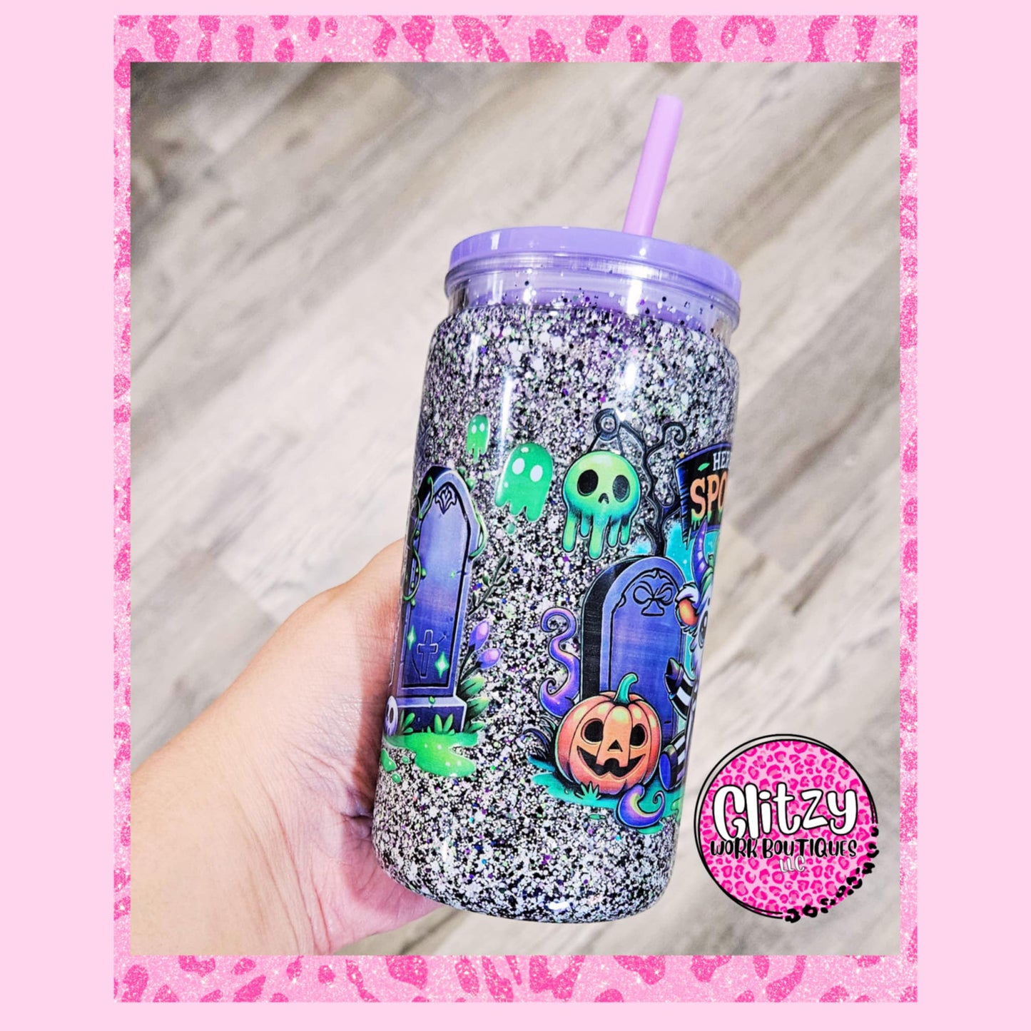 HERE LIES SPOOKY HEIFER BEETLE JUICE SNOW GLOBE TUMBLER