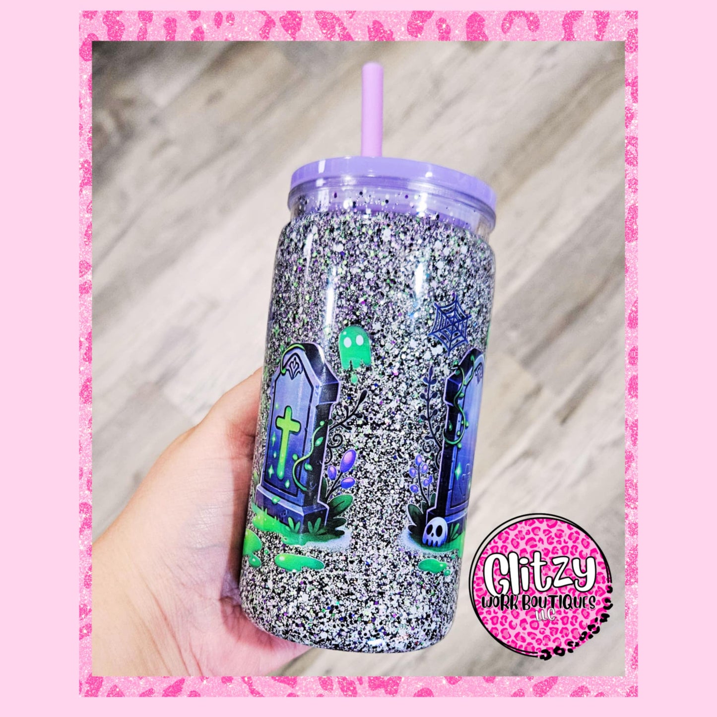 HERE LIES SPOOKY HEIFER BEETLE JUICE SNOW GLOBE TUMBLER
