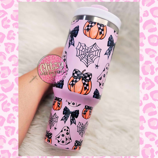 COQUETTE BOWS PUMPKINS & GHOST PASTEL DUPE 40OZ TUMBLER