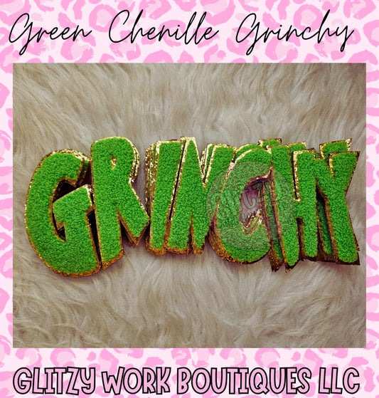 GREEN CHENILLE GRINCHY PATCHED APPAREL