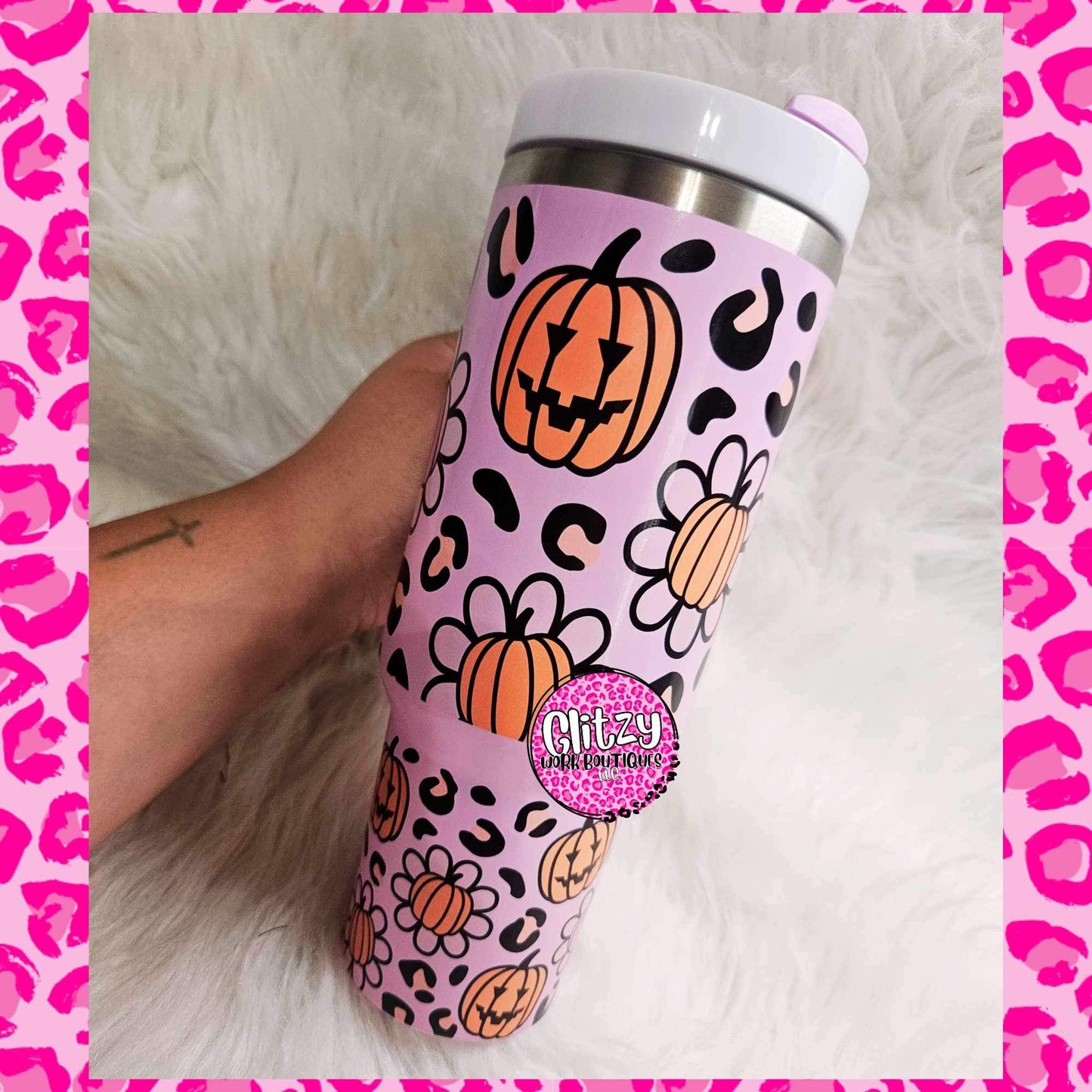 RETRO LEOPARD PUMPKIN DAISY PASTEL DUPE 40OZ TUMBLER