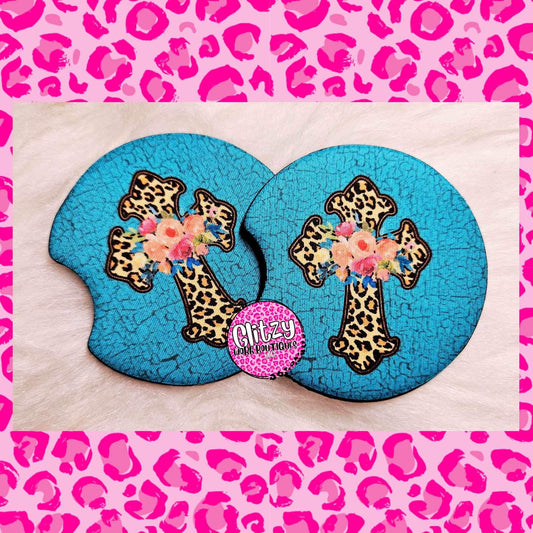 TEAL RELIGOUS LEOPARD CROSS CAR COASTER