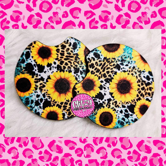 TEAL LEOPARD SUNFLOWER CAR COASTER