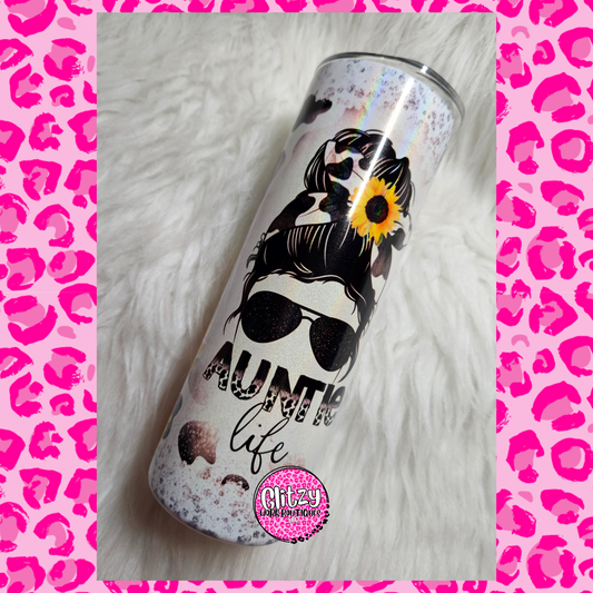 AUNTIE LIFE SUNFLOWER & COW PRINT TUMBLER