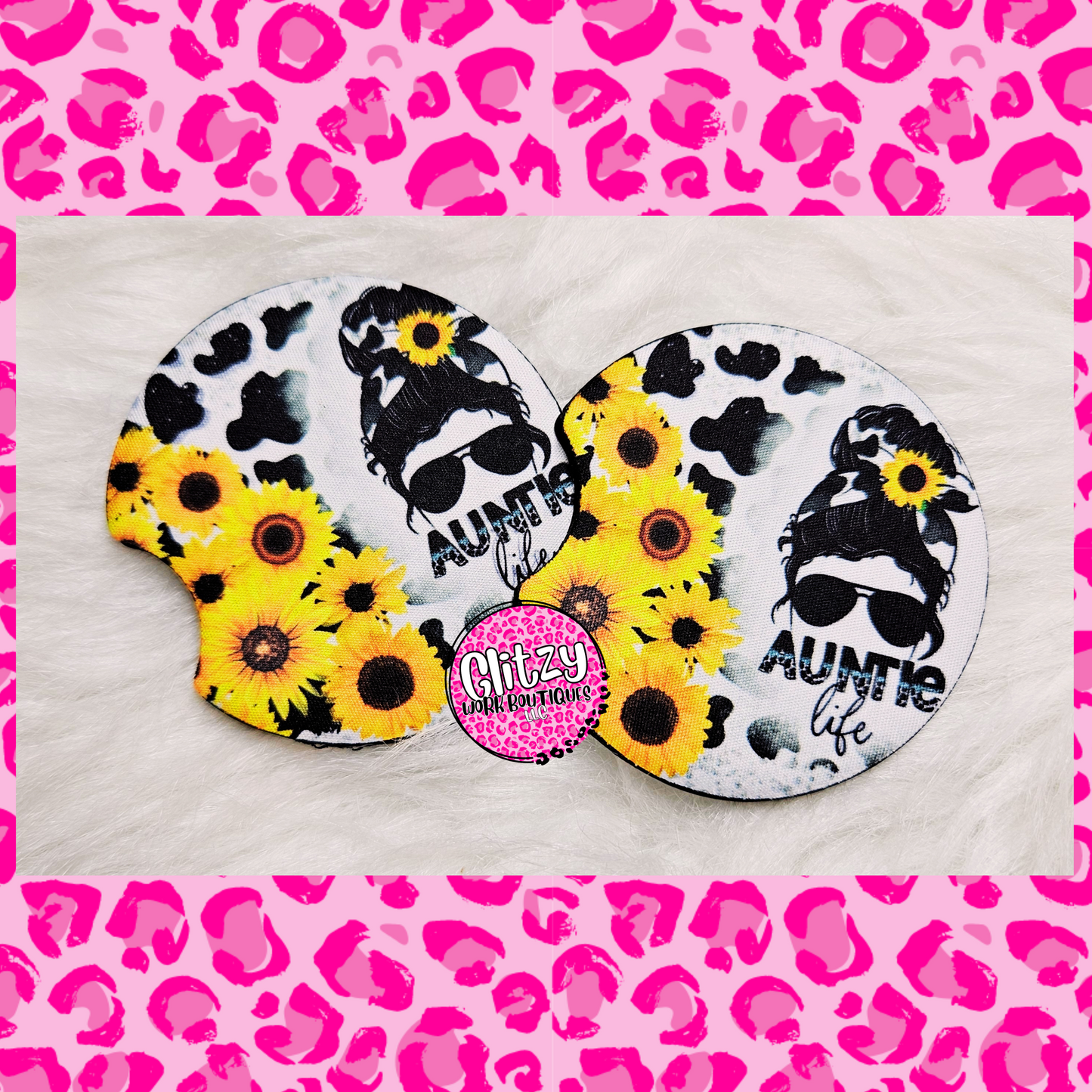 AUNTIE LIFE SUNFLOWER & COWPRINT CAR COASTER