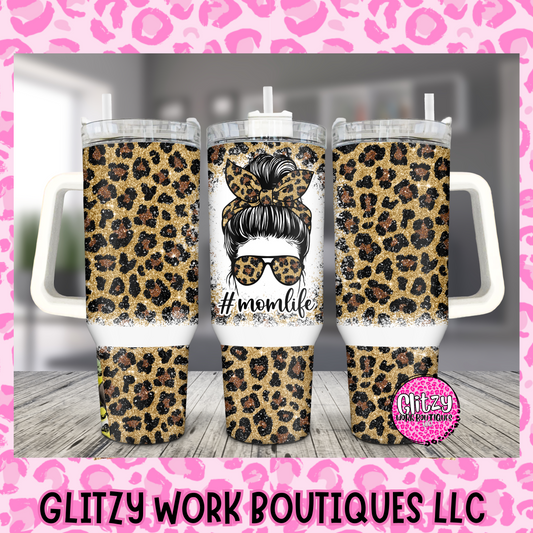 MOM LIFE MOM BUN LEOPARD HOLOGRAPHIC 40oz TUMBLER