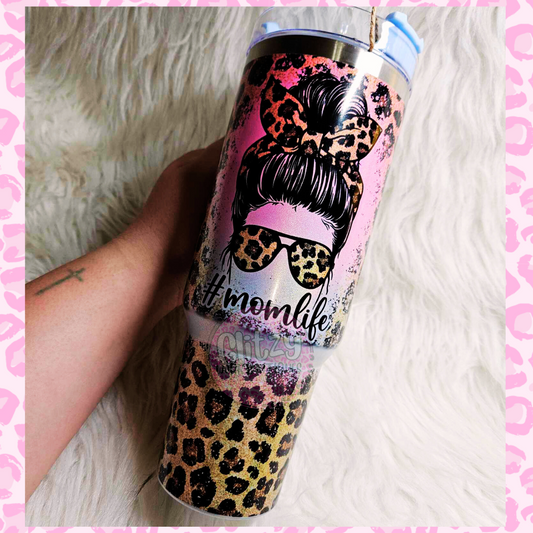 MOM LIFE OF BOTH LEOPARD CHEETAH HOLOGRAPHIC OMBRE DUPE 40OZ TUMBLER