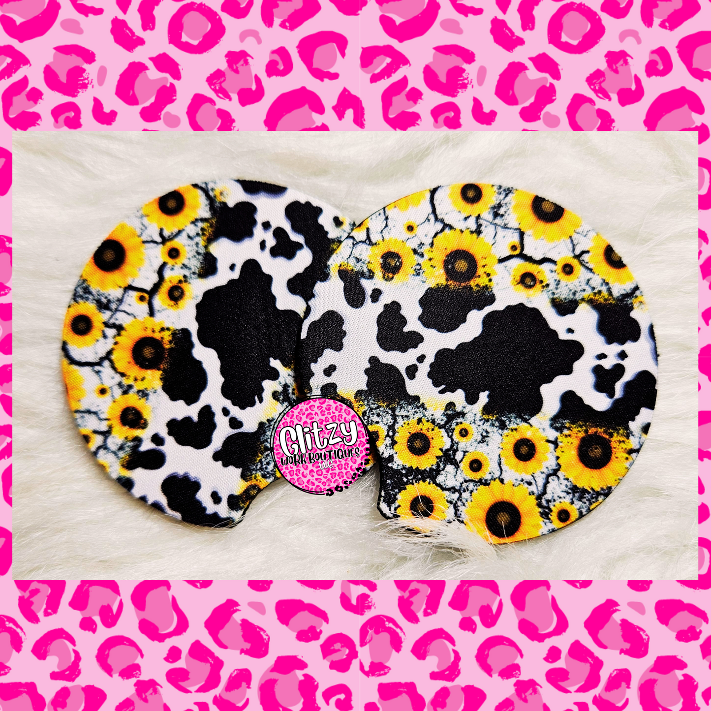 SUNFLOWER COWPRINT SWIRL CAR COASTER