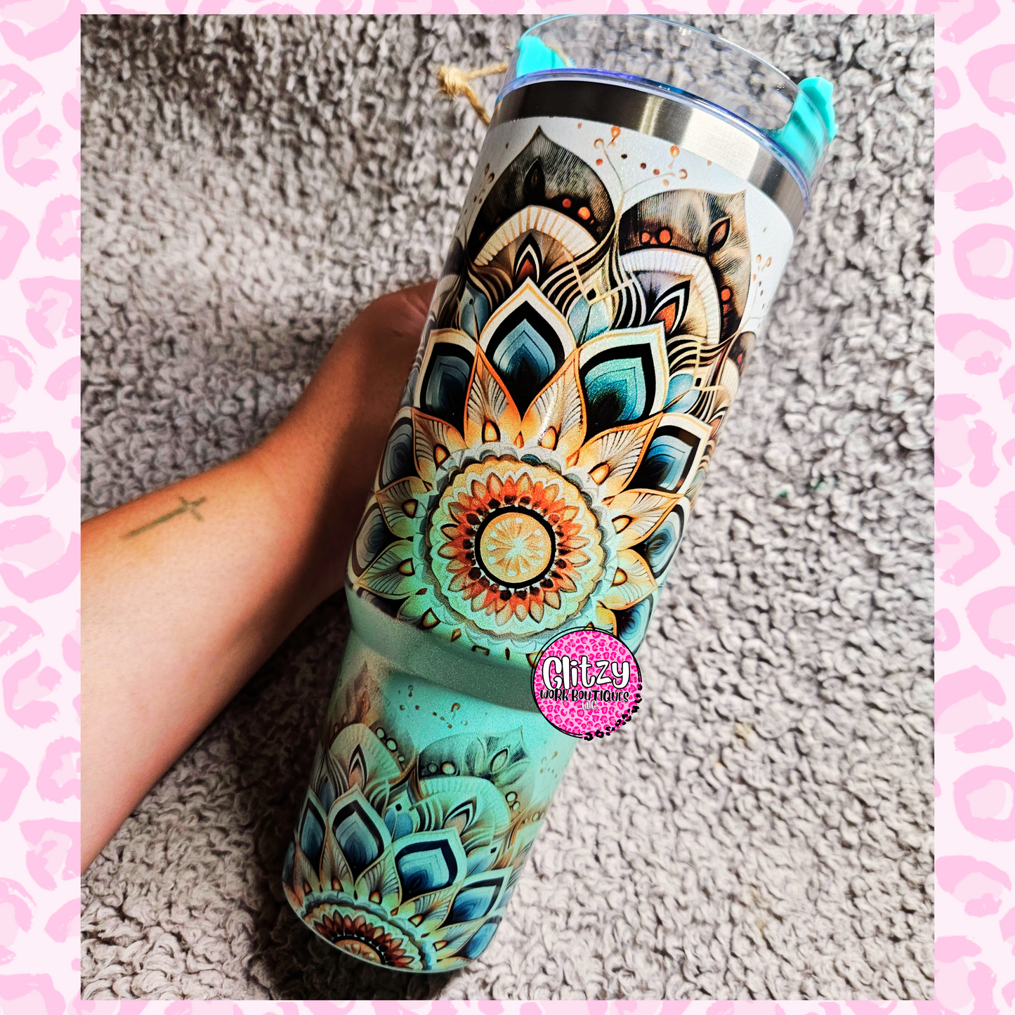 TEAL MANDALA HOLOGRAPHIC OMBRE DUPE 40OZ TUMBLER