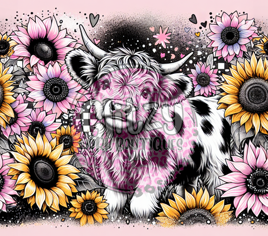 PINK SUNFLOWER HILAND COW SUBLIMATION TUMBLER TRANSFER