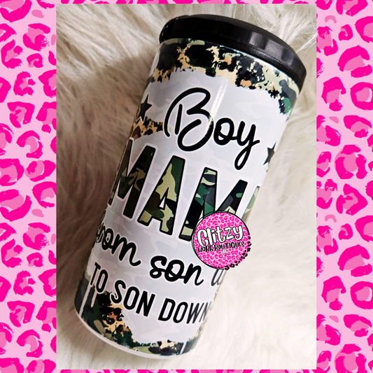 BOY MAMA FROM SON UP TO SON DOWN CAMO LEOPARD 16OZ CAN COOLER