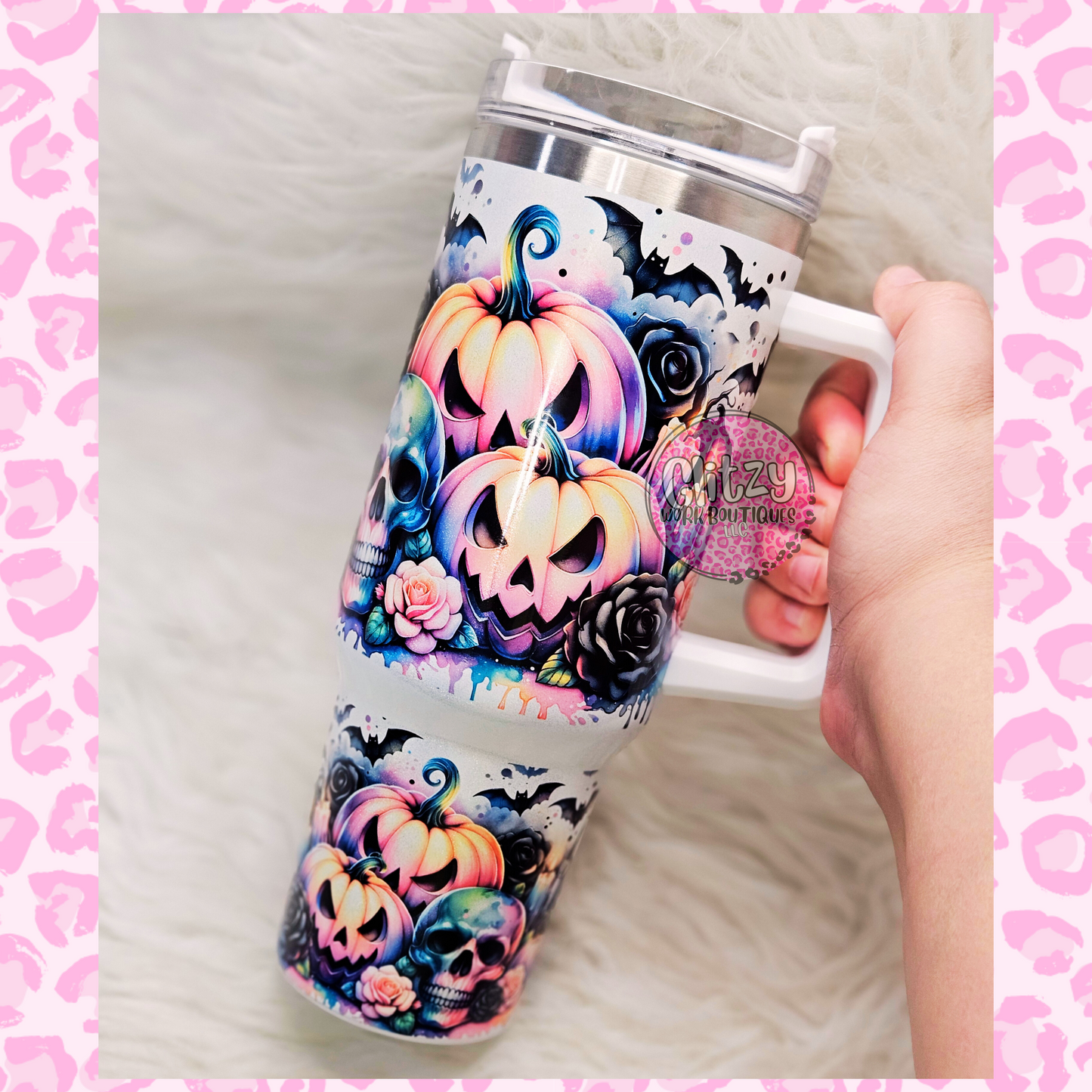 PUMPKIN SKELLY & BATTY HOLOGRAPHIC DUPE 40OZ TUMBLER