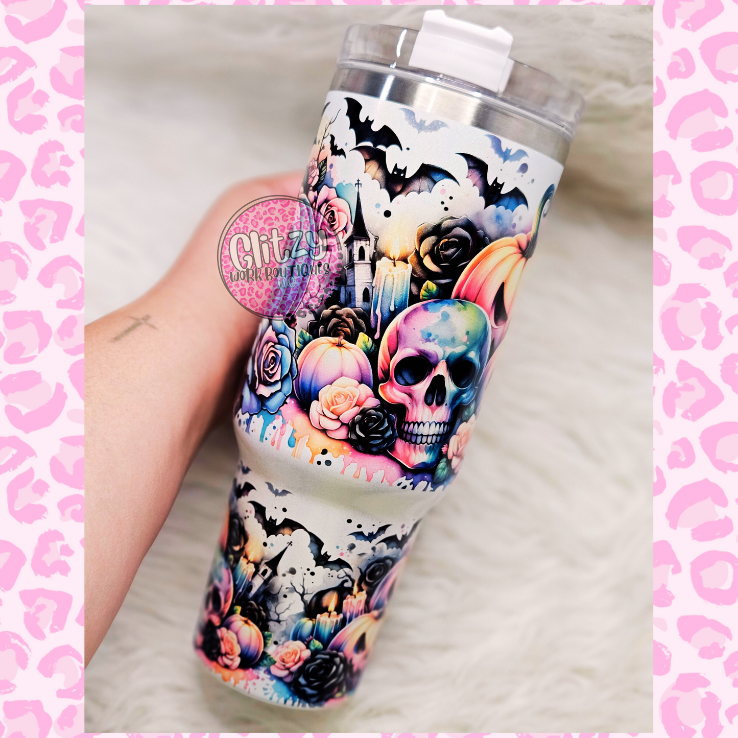 PUMPKIN SKELLY & BATTY HOLOGRAPHIC DUPE 40OZ TUMBLER