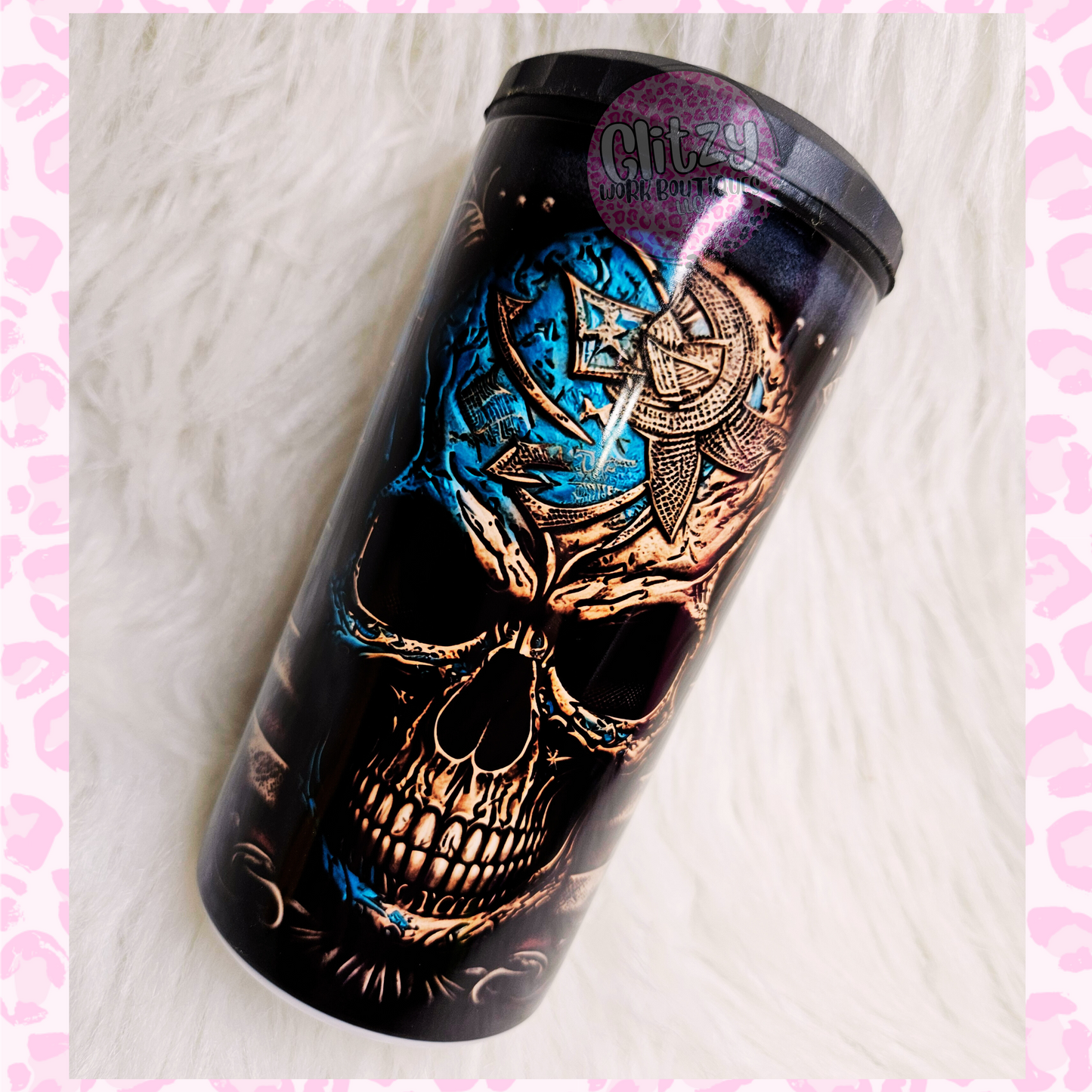 TOOLED LEATHER SKULL FLAG 16OZ CAN COOLER