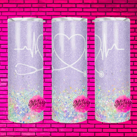 STETHOSCOPE NURSE PURPLE GLITTERY TUMBLER