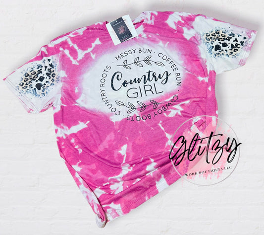 Country Girl Messy Bun Coffee Run Cowboy Boots Country Roots Bleached Tee