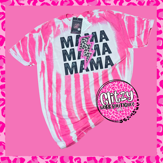 MAMA LIGHTNING BOLT HOT PINK LEOPARD Vertical Bleached Tee