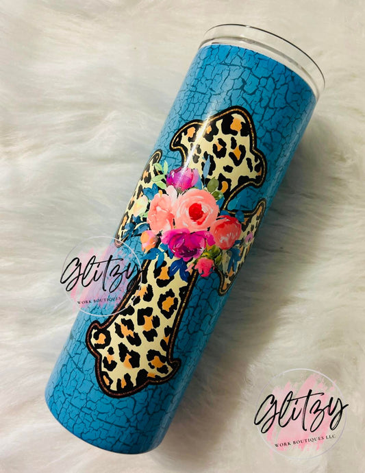 Teal Floral Religious Leopard Cross Tumbler