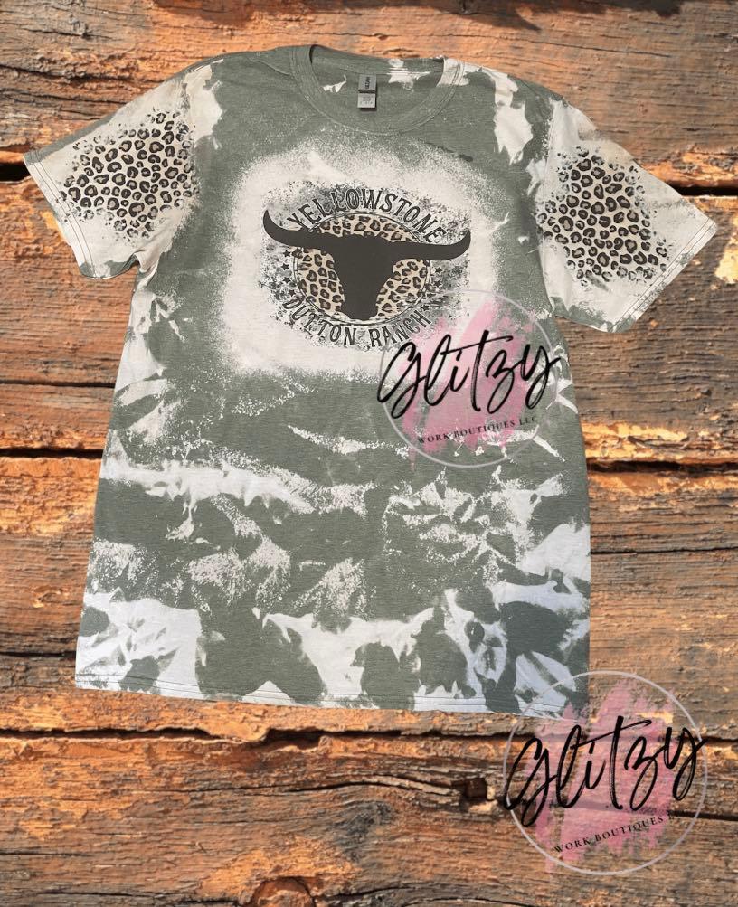 Yellowstone Dutton Ranch with Leopard Patching Bleached Tee